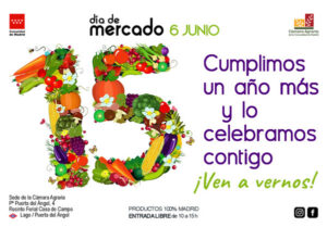 Cartel del Día de Mercado en Madrid con productos frescos y mensaje de celebración.