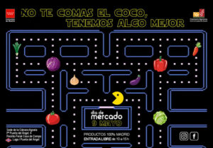 Cartel del Día de Mercado en Madrid con productos frescos y lema atractivo