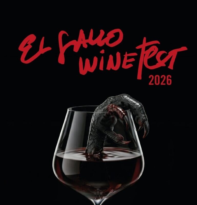 Cartel del festival El Gallo Wine Fest 2026 con un vaso de vino y una mano negra.