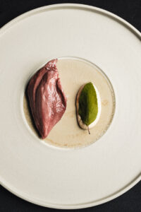 Plato de pichón con almendra y salsa en un plato elegante