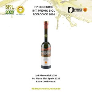 Botella de aceite de oliva Rincón de la Subbética premiada en Biol 2026