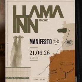 Cartel del evento Manifesto 13 en Llama Inn, Madrid, con detalles artísticos.