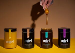 Tarros de miel de León con diferentes variedades y un fondo colorido