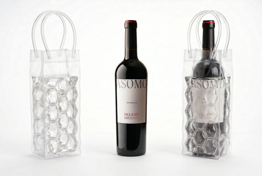 Botella de vino Asomo en bolsa térmica para mantener temperatura adecuada
