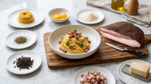 Plato de espaguetis a la carbonara con guanciale de bellota y ingredientes
