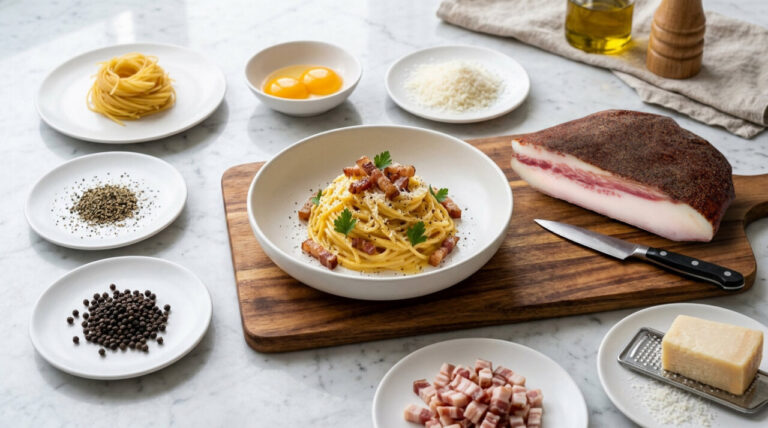 Plato de espaguetis a la carbonara con guanciale de bellota y ingredientes