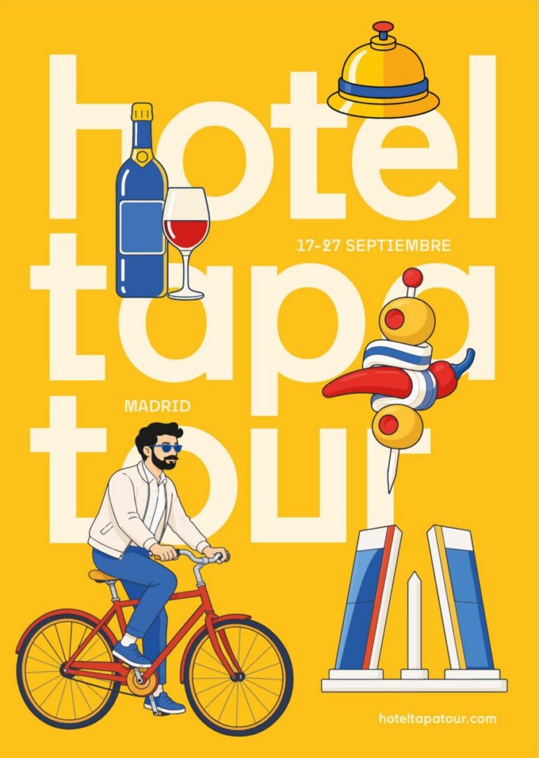 Cartel del evento Hotel Tapa Tour en Madrid con ilustraciones de comida y bebida