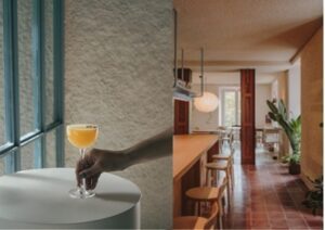 Cóctel de pisco en Llama Inn, Madrid, con decoración moderna.