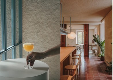 Cóctel de pisco en Llama Inn, Madrid, con decoración moderna.