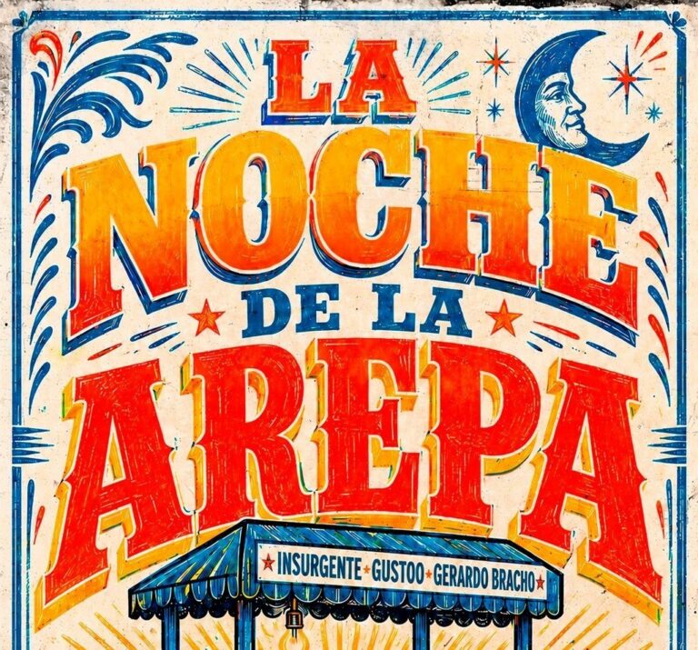 Cartel colorido de La Noche de la Arepa en Madrid