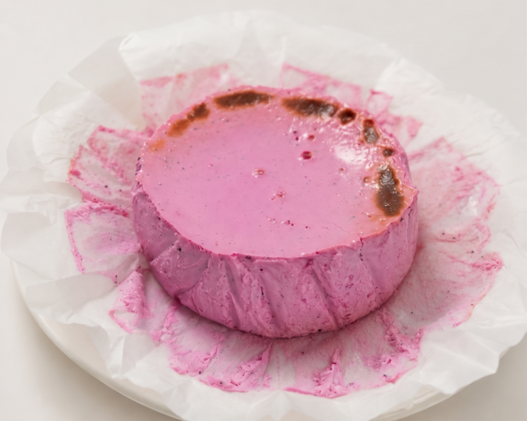 Tarta de queso de fresa y pitaya en un plato