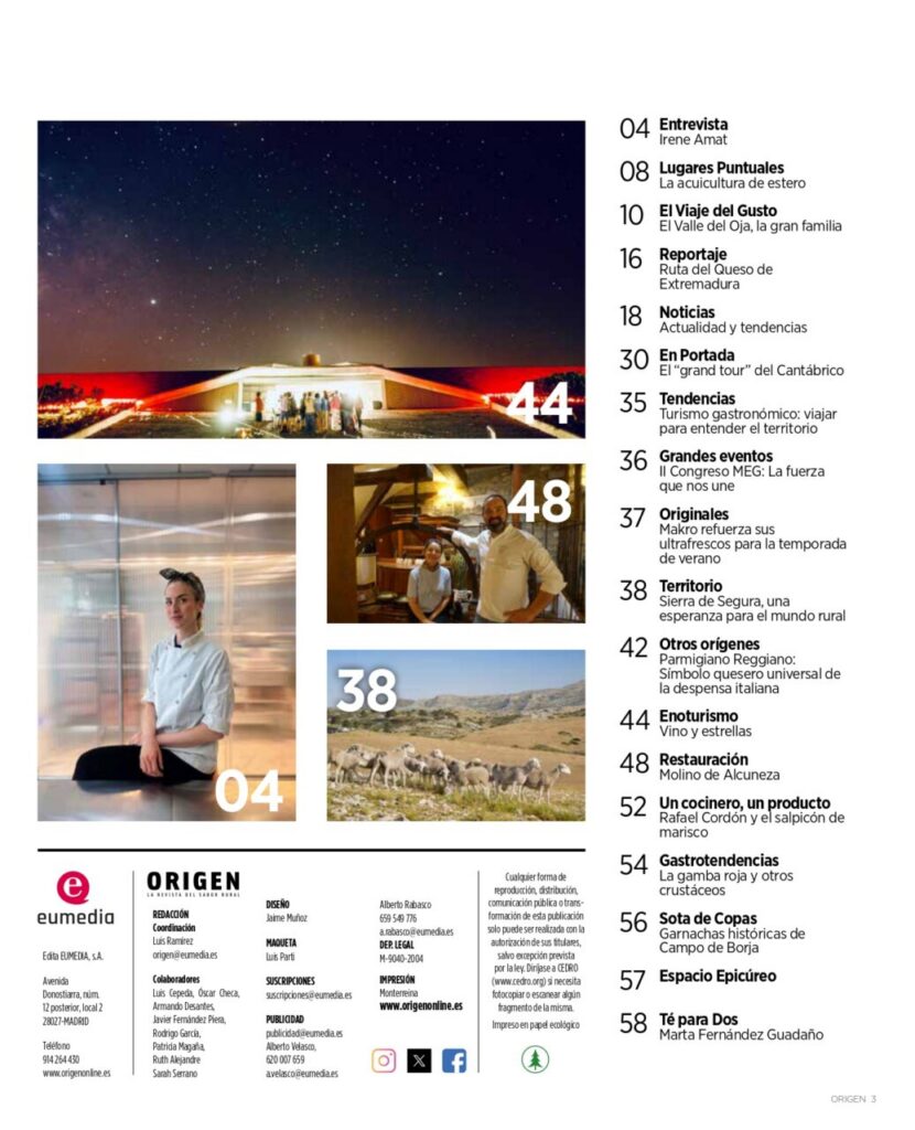 Sumario de la revista Origen con contenido sobre gastronomía rural