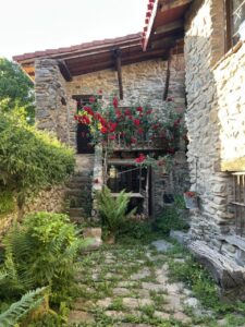 Casa rural en el Valle del Oja con flores rojas y vegetación