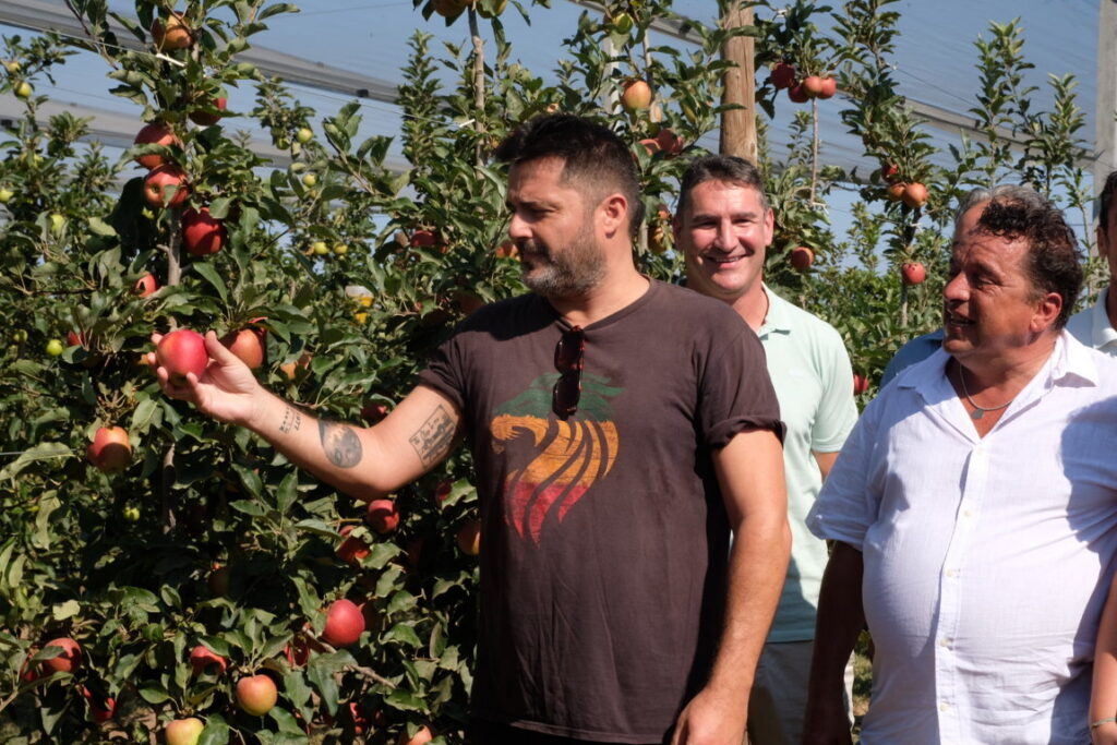 Músico sosteniendo una manzana en un huerto de Poma de Girona