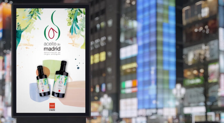 Cartel promocional del aceite de Madrid con botellas y diseño colorido.