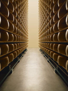 Vista interior de una quesería con ruedas de Parmigiano Reggiano en estantes