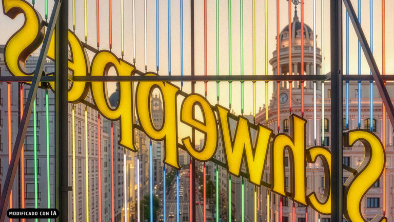 Neón de Schweppes iluminando la Gran Vía de Madrid al atardecer