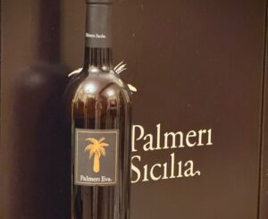 Botella de vino Palmeri Eva sobre fondo negro con logo