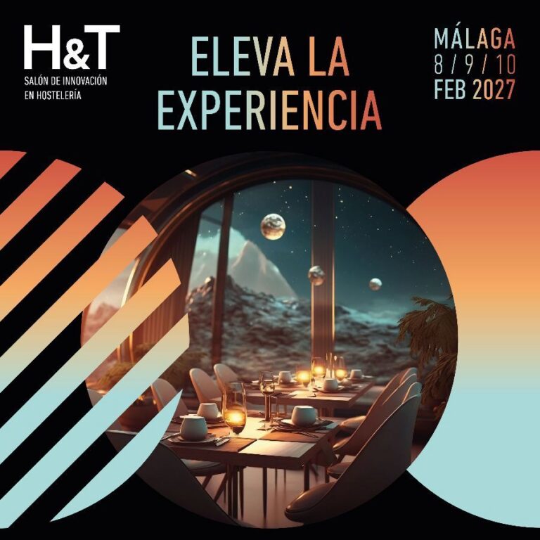 Cartel ilustrado de H&T 2027 con mesas de restaurante frente a un paisaje celeste.