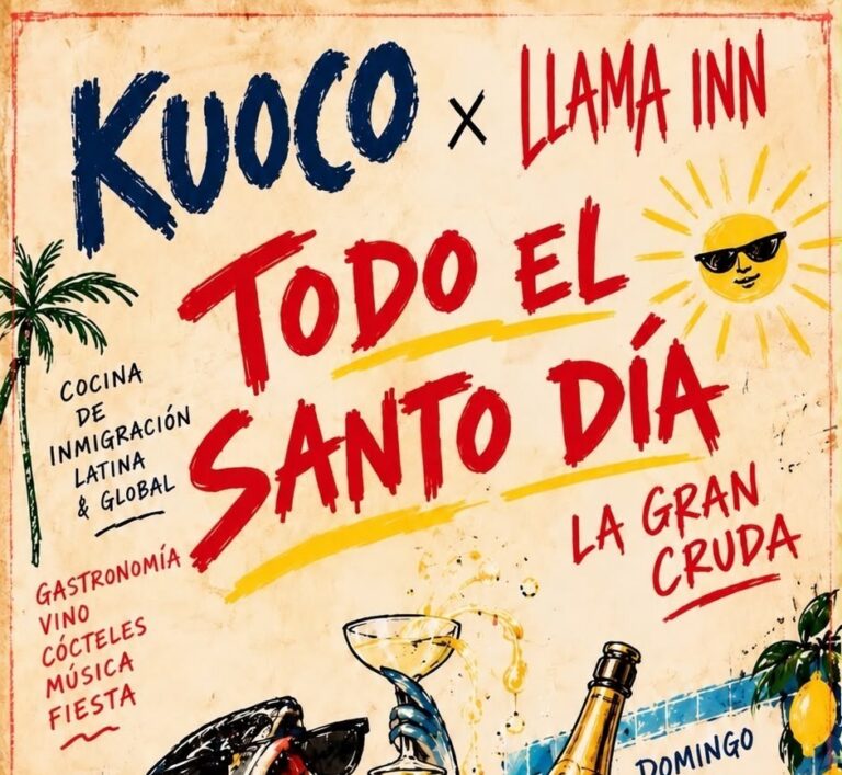 Cartel ilustrado de Kuoco y Llama Inn para una jornada gastronómica festiva
