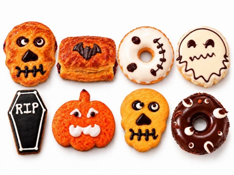 Dulces de pastelería decorados para Halloween, con formas de calabaza, fantasma y calavera