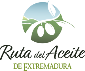 Logotipo de la Ruta del Aceite de Extremadura, con paisaje verde y ramas de olivo.