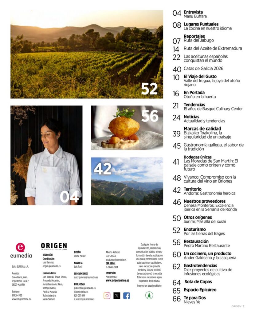 Sumario de la revista Origen con paisajes y gastronomía rural