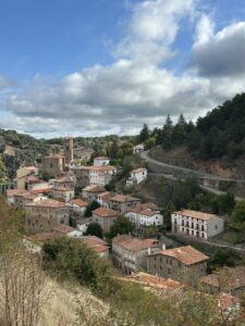 Vista elevada de un pueblo con tejados rojizos, ladera arbolada y cielo nublado.